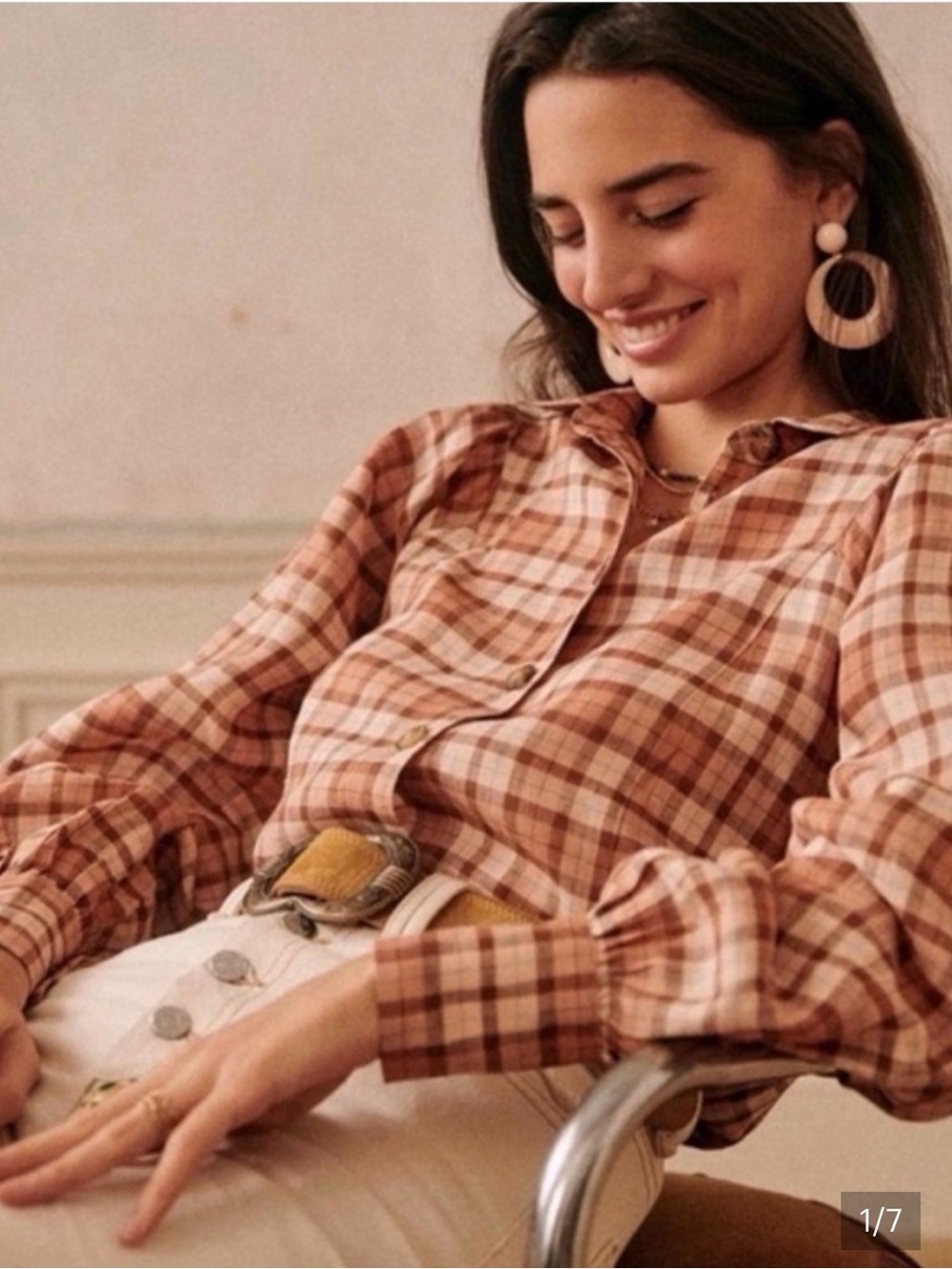 Sezane Bonny Shirt in Pink Beige Plaid button down shirt size 4